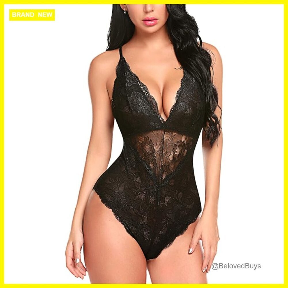 Large Snap Crotch Lace Bodysuit Deep V Teddy One Piece Lingerie